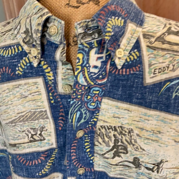 Reyn Spooner Shirt Vintage 80s Surf Hawaiian Reverse Print postcard blue popover - Picture 2 of 16